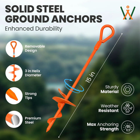 15 Inch Screw In Ground Anchors Pack Of 4 Go-To Heavy Duty Orange Stakes with Drill Bit and Glow Carabiners High Visibility Earth Anchors For Canopies Tents Carports Swing Sets And Outdoor Gear.