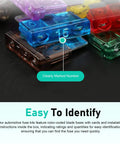 Close-up of All In One 306 Piece Car Fuses Kit with color-coded blade fuses showing marked numbers for easy identification.