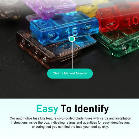 Close-up of All In One 306 Piece Car Fuses Kit with color-coded blade fuses showing marked numbers for easy identification.