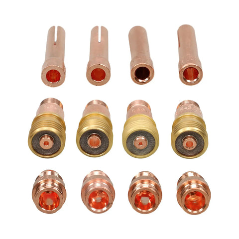 Copper and brass components from 87 Piece TIG Welding Torch Kit With Gas Lens, Alumina Cups, Glass Cups, Stubby Back Cap and Copper Collets.