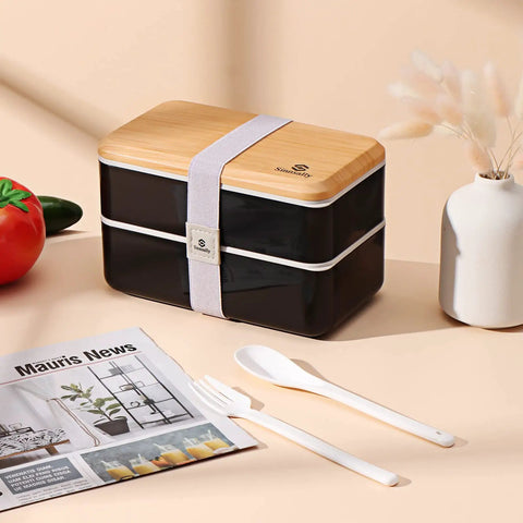 Adult Bento Box With Compartments, 47oz Stackable Japanese Style Rectangle Lunch Container With Utensil Set on table