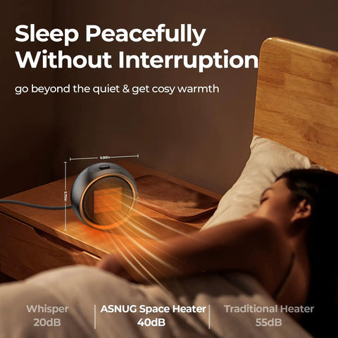 Portable 500W PTC Ceramic Space Heater For Indoor Use next to a bed, showing its quiet operation ideal for sleep comfort.