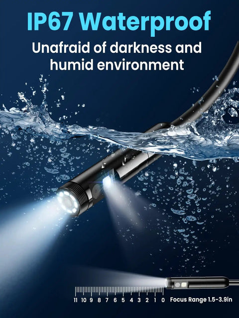 Endoscope Camera With Light Pro Grade Dual Lens 4.3 Inch IPS Screen 1080P HD Borescope in water demonstrating IP67 waterproof feature
