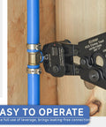 All In One Ratchet PEX Cinch Tool With Remove Function For Three Eighths To One Inch Stainless Steel Clamps in action on blue pipe
