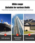 Portable Polyurethane Foam Spray Gun Kit With Real Time Monitoring System For Efficient Basement Insulation Roof Waterproofing And Cold Storage Projects. Images showing cabin spraying, external wall insulation, and house spraying.