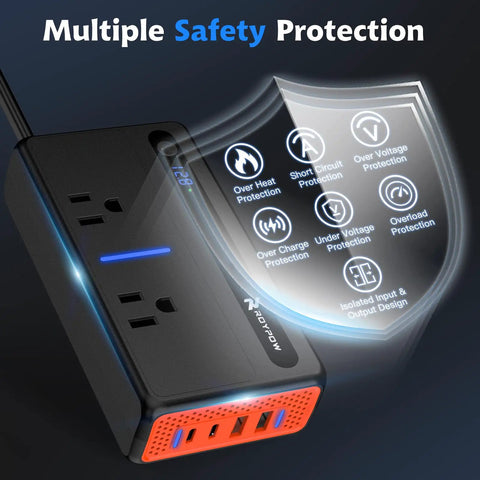 300W Car Power Inverter With Dual 110V AC Outlets And Heavy Duty Cigarette Lighter Plug Adapter Featuring Fast PD 36W QC 3.0 USB Ports To Juice Up Electronics On The Trail safety features display