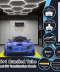Hexagon Garage Light Ceiling Beam Beast Bright 11 Grid System 6500K Cool White LED For Car Detailing Shop Garage Basement Gym And Car Wash With Ultra Bright 30,360 Lumens And Easy Install, shown installed above a blue car in a garage setting with accessory kit details.