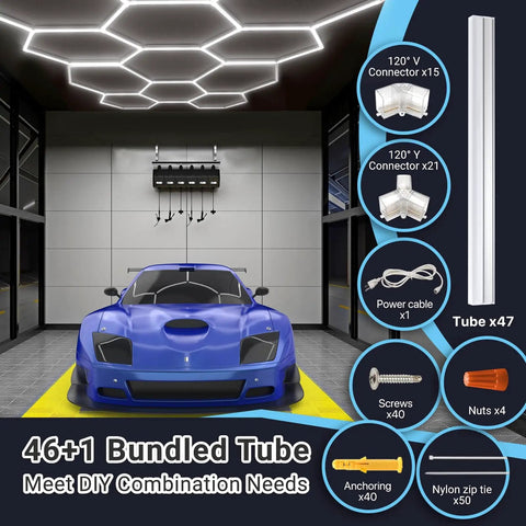 Hexagon Garage Light Ceiling Beam Beast Bright 11 Grid System 6500K Cool White LED For Car Detailing Shop Garage Basement Gym And Car Wash With Ultra Bright 30,360 Lumens And Easy Install, shown installed above a blue car in a garage setting with accessory kit details.