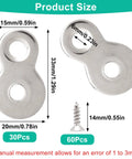 Thirty Pieces Figure Eight Furniture Connectors With Pre Loaded Screws Heavy Duty Iron Hardware For Wood Cabinet And Desk Build Rock Solid Hold No Sweat Easy Peasy Setup Smooth Operator DIY Fix Silver Color showing dimensions and included screws.