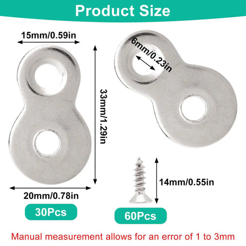 Thirty Pieces Figure Eight Furniture Connectors With Pre Loaded Screws Heavy Duty Iron Hardware For Wood Cabinet And Desk Build Rock Solid Hold No Sweat Easy Peasy Setup Smooth Operator DIY Fix Silver Color showing dimensions and included screws.