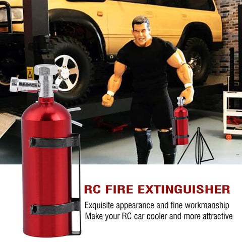 Mini Metal Fire Extinguisher For RC Crawlers Red 2 05 Inch Heavy Duty Solid Scale Detail next to an RC model.