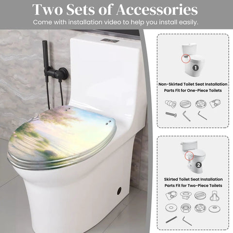 Resin Toilet Seat Elongated for Bathroom with scenic design, fits both skirted and non-skirted toilets, includes installation accessories.