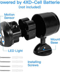 Motion Sensor Outdoor Lights Cordless Battery Powered Two Pack With 1000LM LED Security Light shown with components and labels