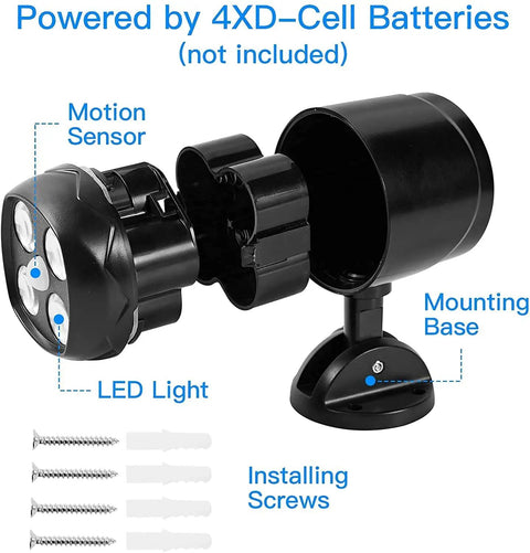 Motion Sensor Outdoor Lights Cordless Battery Powered Two Pack With 1000LM LED Security Light shown with components and labels