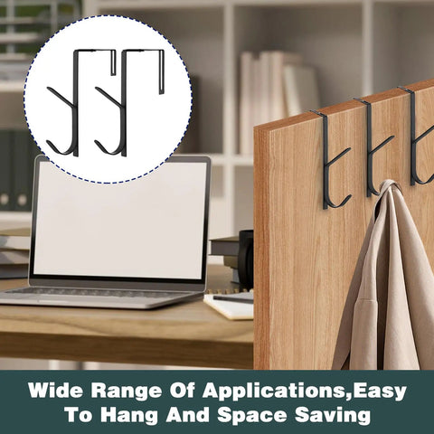 Two-Pack Double Coat Hooks For Cubicle Panels, Heavy Duty Coat Hangers For Office Walls, shown installed and holding a jacket