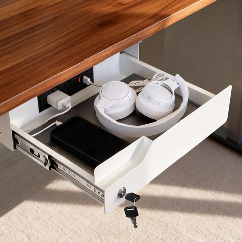 Kick Desk Chaos To The Curb With This Sleek Undermount Drawer Locker, featuring a white drawer holding headphones and a phone.