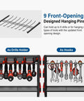 Power Tool Organizer Cart for Garage With 8 Outlet 3 USB Charging Station, showing front-opening hanging pins for drills and tools