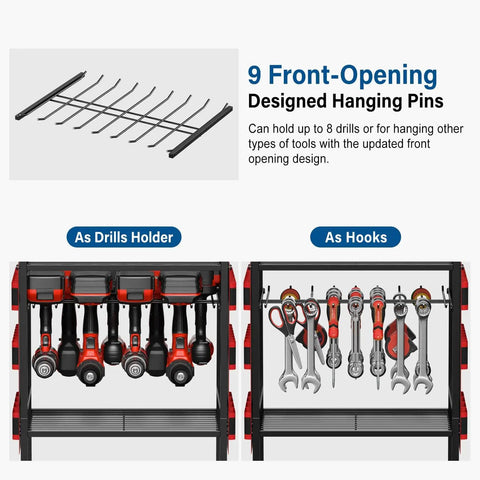 Power Tool Organizer Cart for Garage With 8 Outlet 3 USB Charging Station, showing front-opening hanging pins for drills and tools