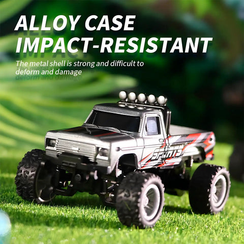 Mini 1 To 64 Scale Monster RC Truck With Lights 2 Point 4GHz Remote Adjustable Speed And Steering Portable Alloy Body Realistic Indoor And Outdoor Fun Grey Ready To Roll on grass