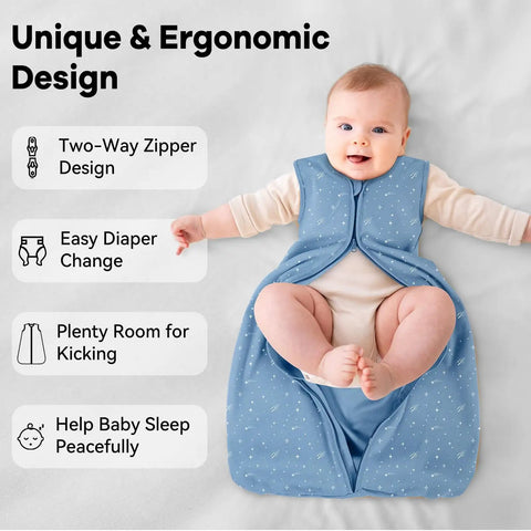 Baby in blue Cotton Baby Sleep Sack Set Three Pack For 6 To 12 Months Lightweight 0.5 Tog Wearable Blanket With Two Way Zipper