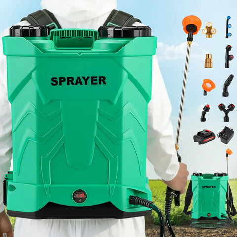 5.3 Gallon Backpack Sprayer Battery Powered 21V Electric Garden Sprayer With 8 Nozzles And Telescopic Wand shown on person's back