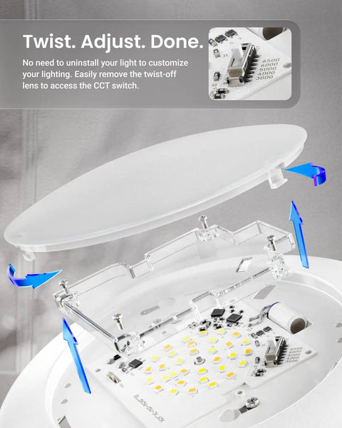 Top Shelf 24 Pack 6 Inch Flush Mount Led Ceiling Lights Featuring Smooth Dimming Five Cct Settings Dead Simple Wiring And Genuine Heavy Duty Build For Your Home showing internal components and twist-off lens for easy adjustment.