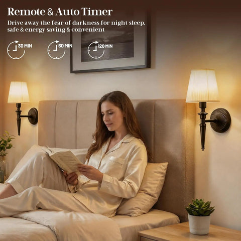 NICOLONOR Battery Operated Wall Sconces Set of 2, Wireless Wall Lights with 12 RGB Colors and 3CCT Dimmable, Small Fabric LED Wall Lamps for Bedroom, Living Room, Hallway, Bronze, bedside with light timer.