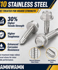 Image of 410 Stainless Steel screws demonstrating enhanced strength and corrosion resistance, part of 1200-Piece Heavy-Duty Workhorse, Self-Drilling Screws Assortment Kit.