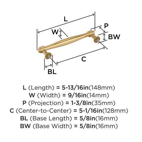 Diagram showing measurements for Enlivity Champagne Bronze Cabinet Pull 5-1/16 Inch Center To Center For Cabinets BP37723CZ