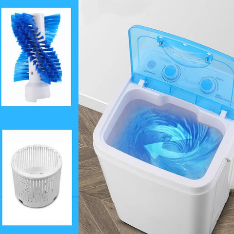 Compact Portable Washing Machine With 7.5 Liter Basin For Quick Laundry and Sneaker Scrubs, blue lid and spinning water in basin.
