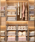 Xlarge Stackable Storage Bins 2 Pack Clear Crystal PET Baskets for Max Vertical Closet Space neatly organizing folded towels.