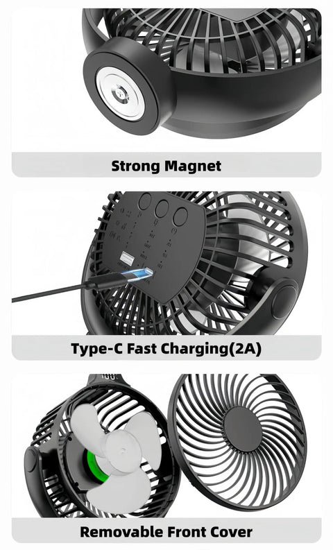 Two Pack Magnetic Cruise Fans With LED Display And 12000mAh Battery Pack Battery Operated Magnetic Mount Timer And Lighting Perfect Cabin Fan For Cruises Sleeping Camping Travel Essentials 2026 showing strong magnet, Type-C charging port, and removable front cover