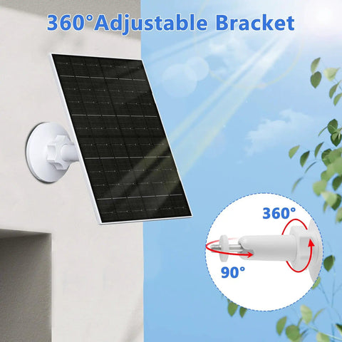 7W Solar Panel For Ring Security Cameras Charger With USB C And 3.5mm Port, mounted on wall, 360° adjustable