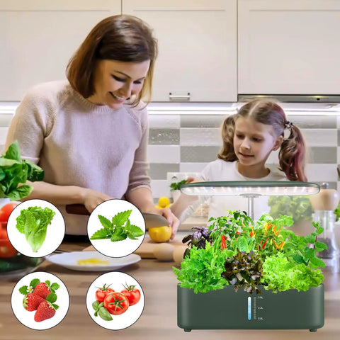 Indoor Hydroponics Garden Kit With 12 Pods LED Grow Light Auto Timer displayed on kitchen counter with herbs