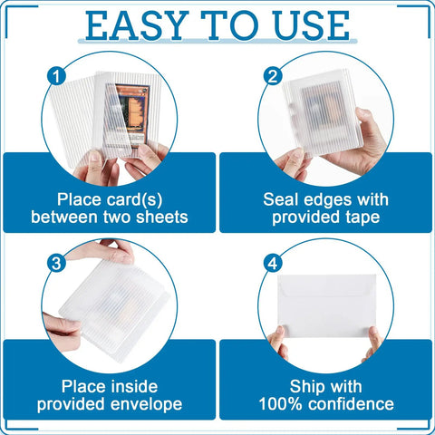 Step-by-step guide for mailing with Bulk Card Shipping Kit For Trading Cards And Sports Cards, 425 Pcs Bundle With 150 Card Shields 3.5x4.5, 75 Envelopes 4.5x7, And 200 Tape Seals, Great Mailer Supplies For TCG And Card Grading.