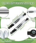 Diagram highlighting features of 110cc ATV front shocks, 275mm length, 350lbs load, for Beefy Front Shock Absorber Kit For 125Cc and 110Cc Tao Tao Coolster ATVs.