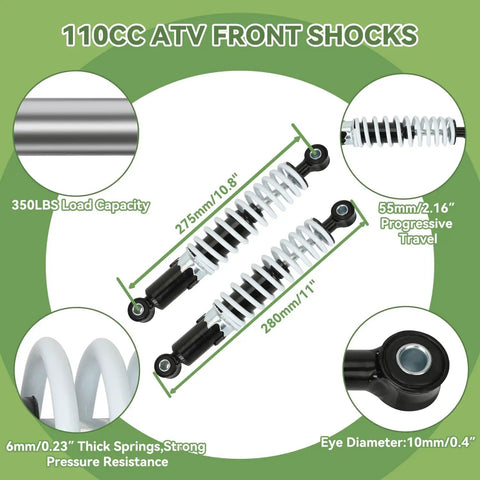 Diagram highlighting features of 110cc ATV front shocks, 275mm length, 350lbs load, for Beefy Front Shock Absorber Kit For 125Cc and 110Cc Tao Tao Coolster ATVs.