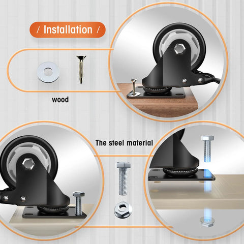 Four 3-inch heavy-duty caster wheels with top-plate swivels and brakes in black polyurethane, installed on a workbench.