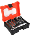 23 Piece Socket Wrench Set Featuring A Slick 72 Tooth Ratchet And Sixteen Tough S2 Bits For Real Deal Auto Grind And Weekend Warrior Garage Projects Accessories in a red and black case.