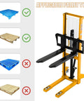 Heavy Duty Manual Pallet Stacker 2200 Lb Capacity With 63 Inch Lift Height Fixed Leg Design shown with compatible pallet types