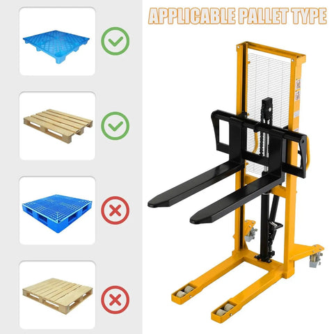 Heavy Duty Manual Pallet Stacker 2200 Lb Capacity With 63 Inch Lift Height Fixed Leg Design shown with compatible pallet types