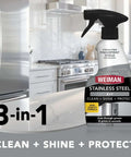 Stainless Steel Cleaner And Polish Kit Three Piece With Spray Wipes And Cloth Anti Fingerprint Formula in modern kitchen.