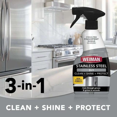 Stainless Steel Cleaner And Polish Kit Three Piece With Spray Wipes And Cloth Anti Fingerprint Formula in modern kitchen.