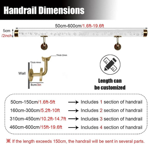 Dimensions of Rock Solid Acrylic Stair Handrail With Slick Gold Brackets And Hella Durable Non Slip Grip for customizable lengths.