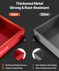 Comparison of red Low Profile 20 Gallon Rolling Oil Drain Pan With Manual Pump and gray competitor pan
