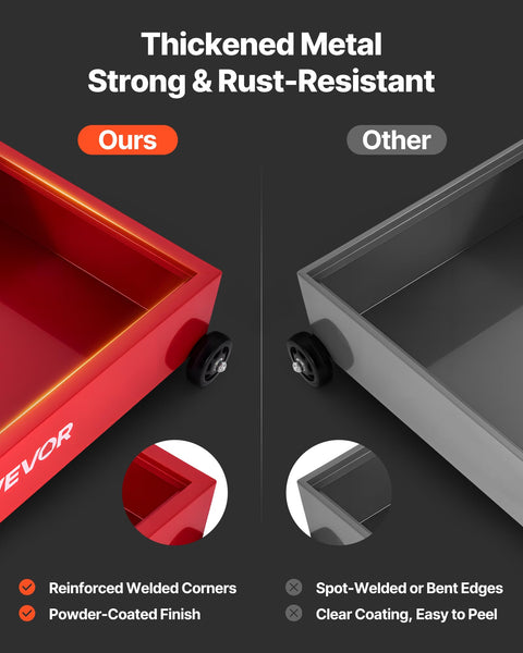 Comparison of red Low Profile 20 Gallon Rolling Oil Drain Pan With Manual Pump and gray competitor pan