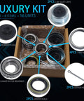 Front view of boat trailer axle bearing kit with L44649/L44610 bearings, grease seals, dust caps, plugs and cotter pins