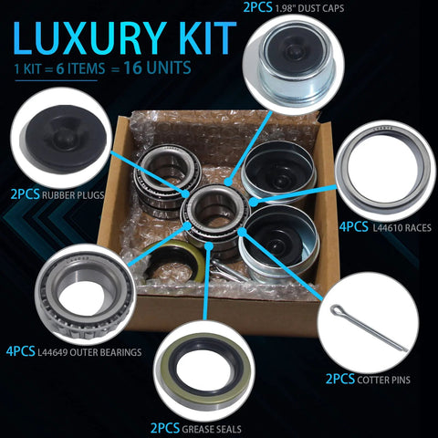 Front view of boat trailer axle bearing kit with L44649/L44610 bearings, grease seals, dust caps, plugs and cotter pins