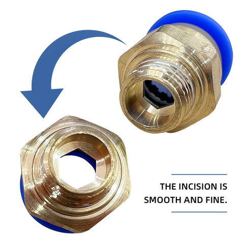Brass push-to-connect pneumatic fitting with blue collar, for 4/6/8/10/12mm tube, 1/4in G thread, close-up view
