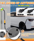 Heavy Duty Heft No Sweat Setup Nema L6-30P To L6-20R Locking Adapter Cord, 30A 250V Male To 20A Female Plug, One Foot 12 Awg Sjta connected to EV for charging.